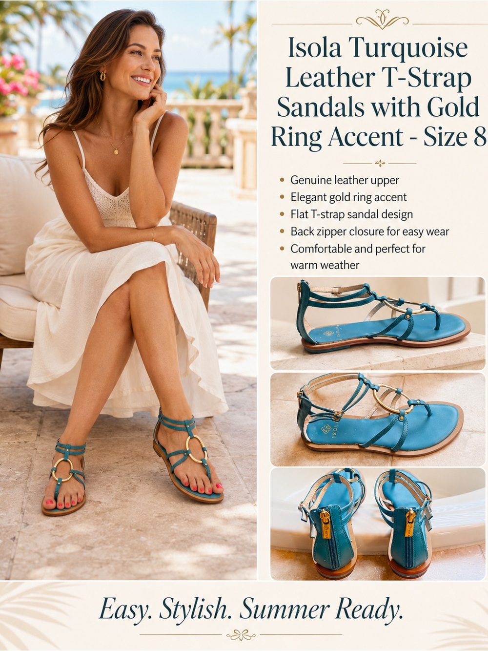 Isola Turquoise Leather T-Strap Sandals with Gold Ring Accent - Size 8